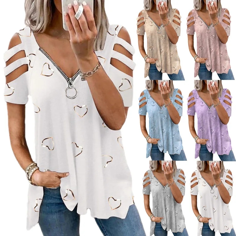 

Summer Women Tops Tees Femme Hollow Out T Shirts Zipper Casual Love Short Sleeve Loose Sexy Boho Shirt