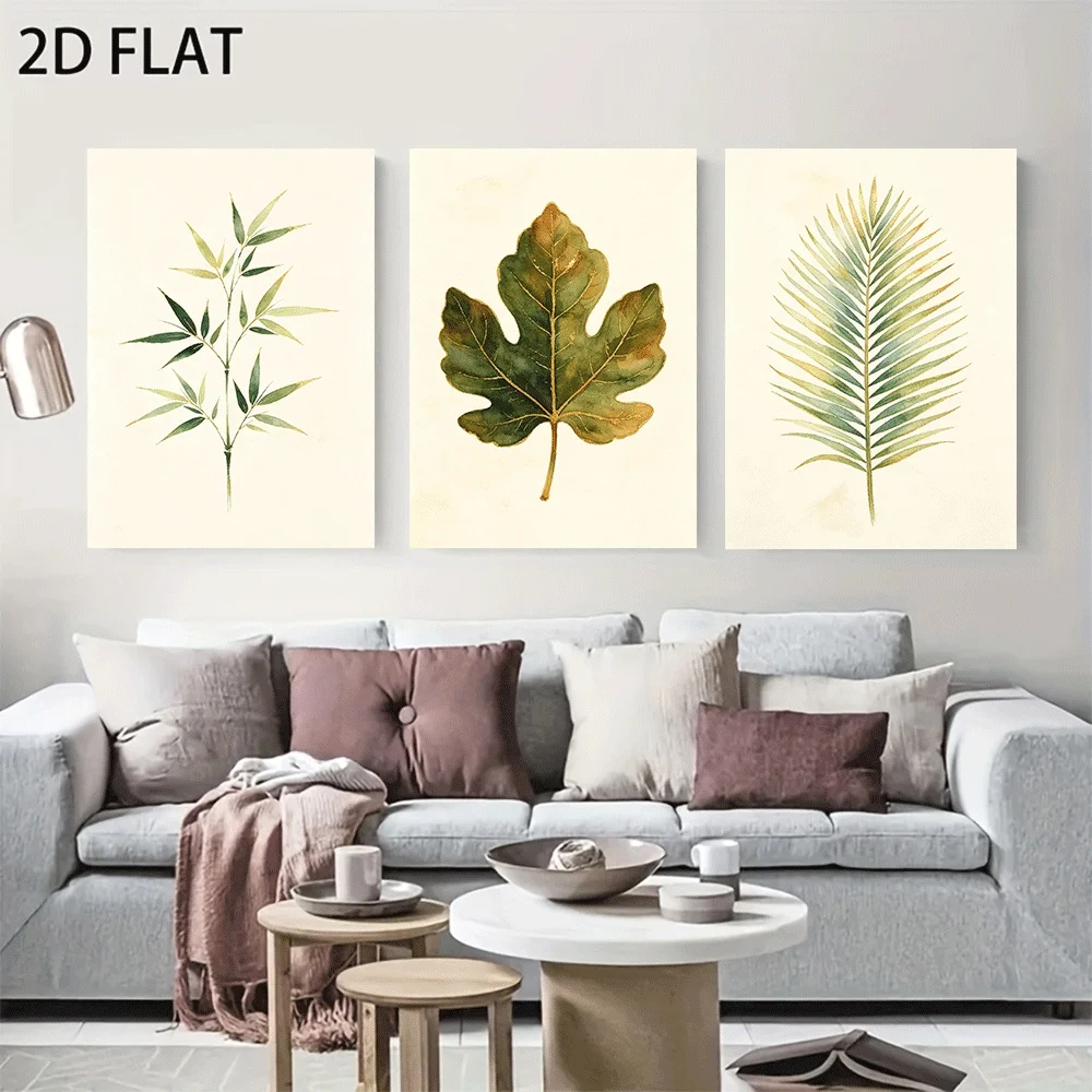 2D Flat, 2D Flat, Posters And Prints, Festival Mood Watercolor Ginkgo Tree Palm Botanical Leaf 2D Flat 3pcs Frameless Canvas