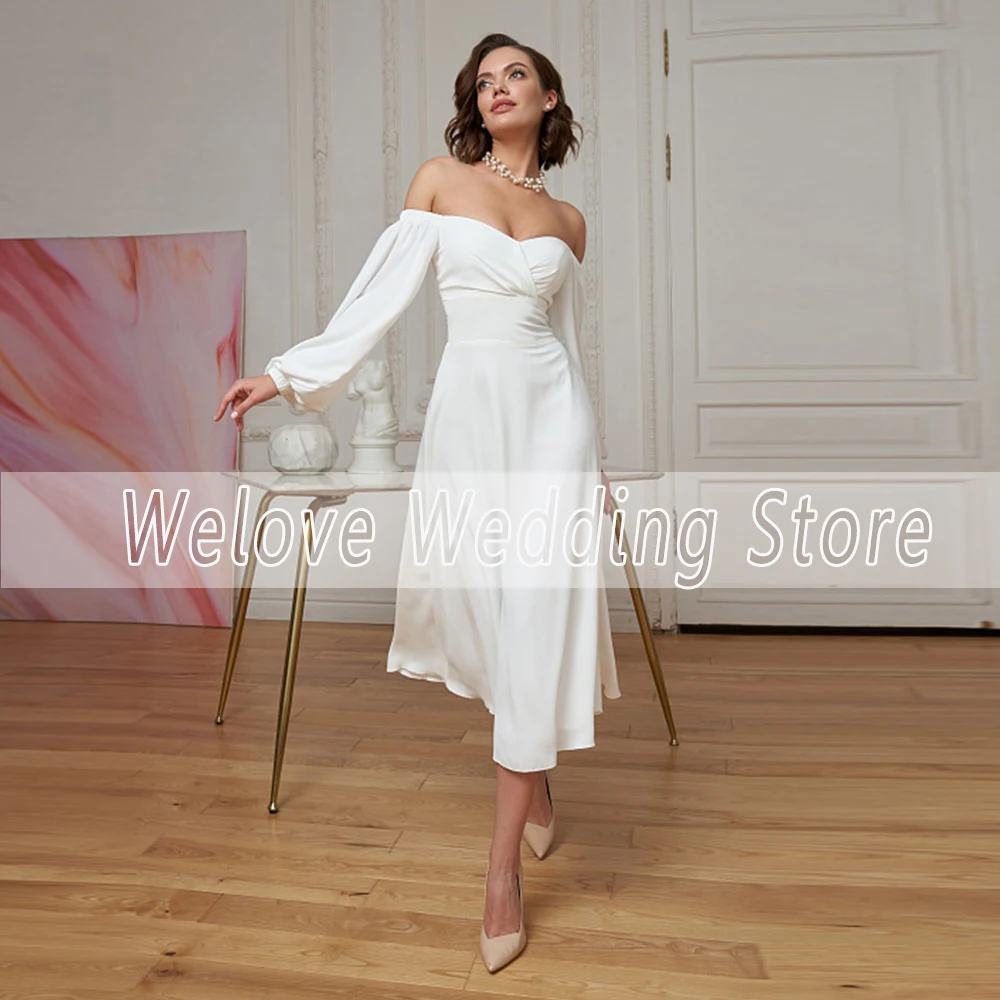 Robe de mariée civile longueur thé, épaules dénudées, manches longues, chérie, bon marché, patients, fermeture éclair, ligne A, simple