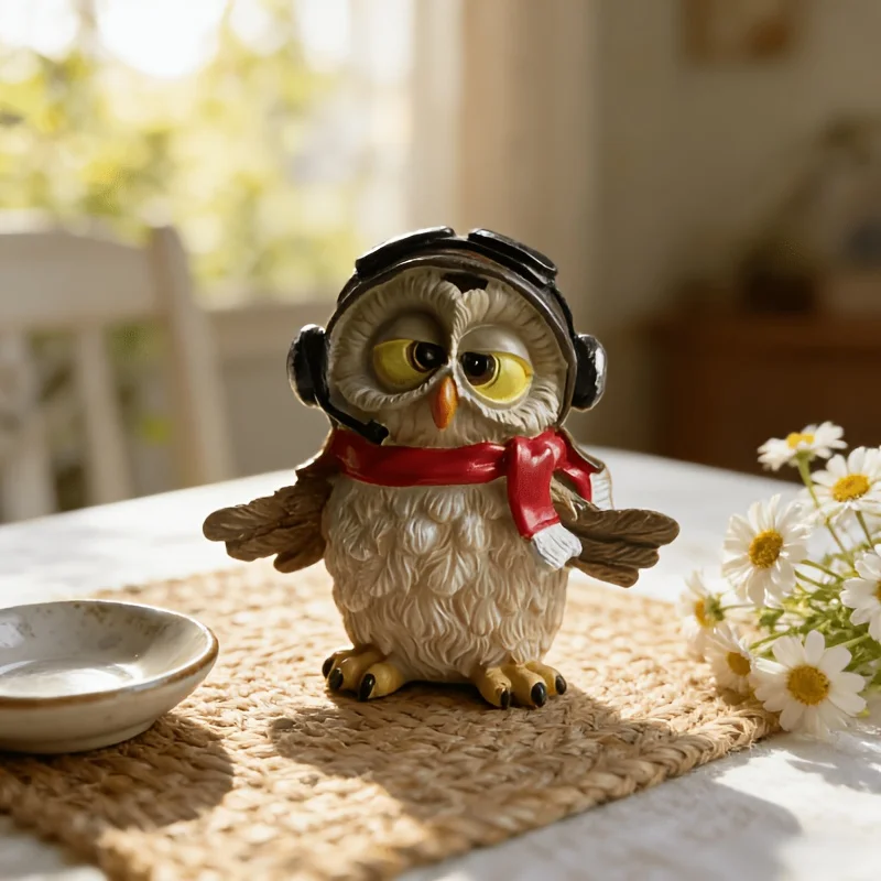 Pilot Owl Resin Figurine with Headset and Red Scarf, Cute Desktop Ornament, Creative Home Office Decor Holiday Gift