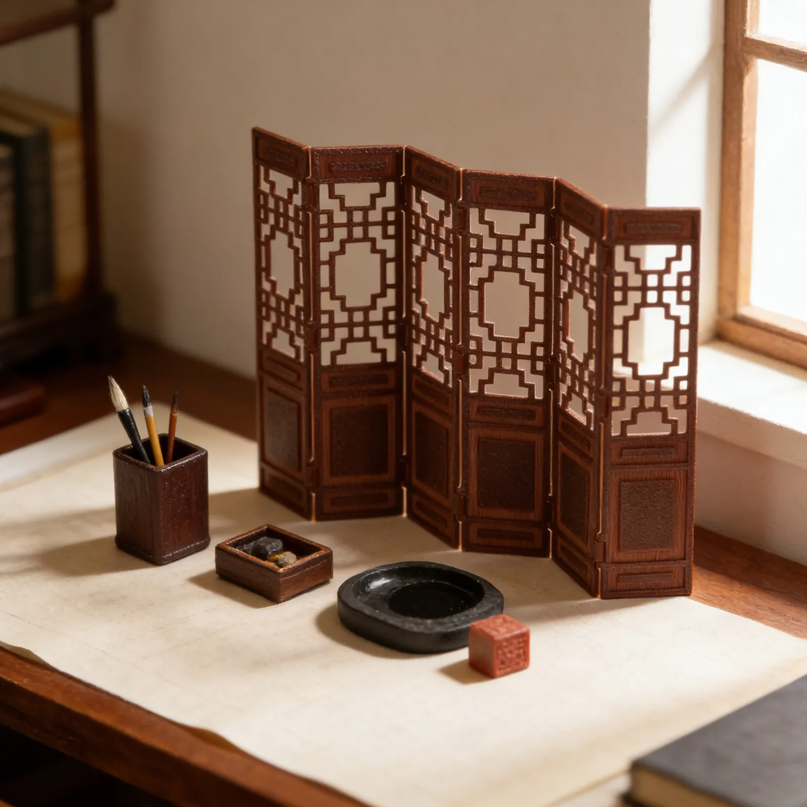 

Mini Chinese Folding Screen 1:20 Scale Vintage Desktop Miniature Room Divider Decorative Screen Dollhouse Furniture