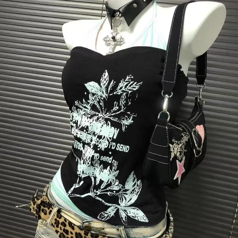 

Harajuku Y2k Aesthetic Flower Print Camisole American Subculture Splicing Fake Two Halter Vest Women Punk Hip Hop Slim Tanks Top