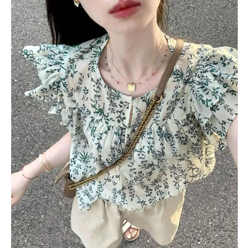 

Summer Women Shirt 2024 New Vintage Flying Sleeve Floral Printed Tops Round Neck Casual Loose Ruffles Pullovers Blouse