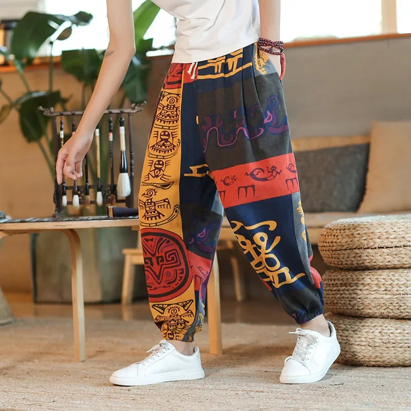 Męskie spodnie haremowe z nadrukiem 2023, nowe bawełniane lniane spodnie ze sznurkiem Streetwear Hip Hop Fitting Jogging Loose Casual Wide Leg Pants