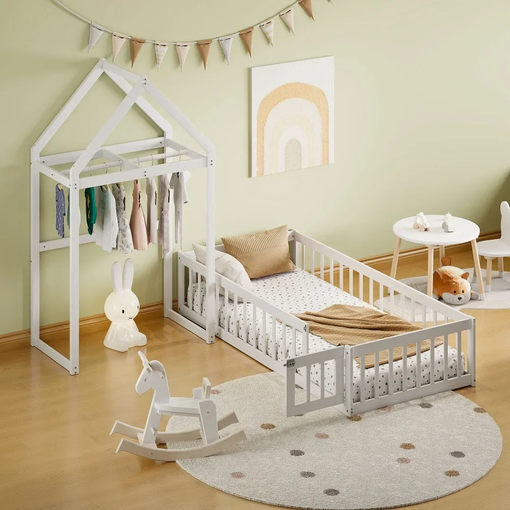 Wooden floor bed with fence railing and detachable house shape, twin bed with children's dressing rack, Montessori style