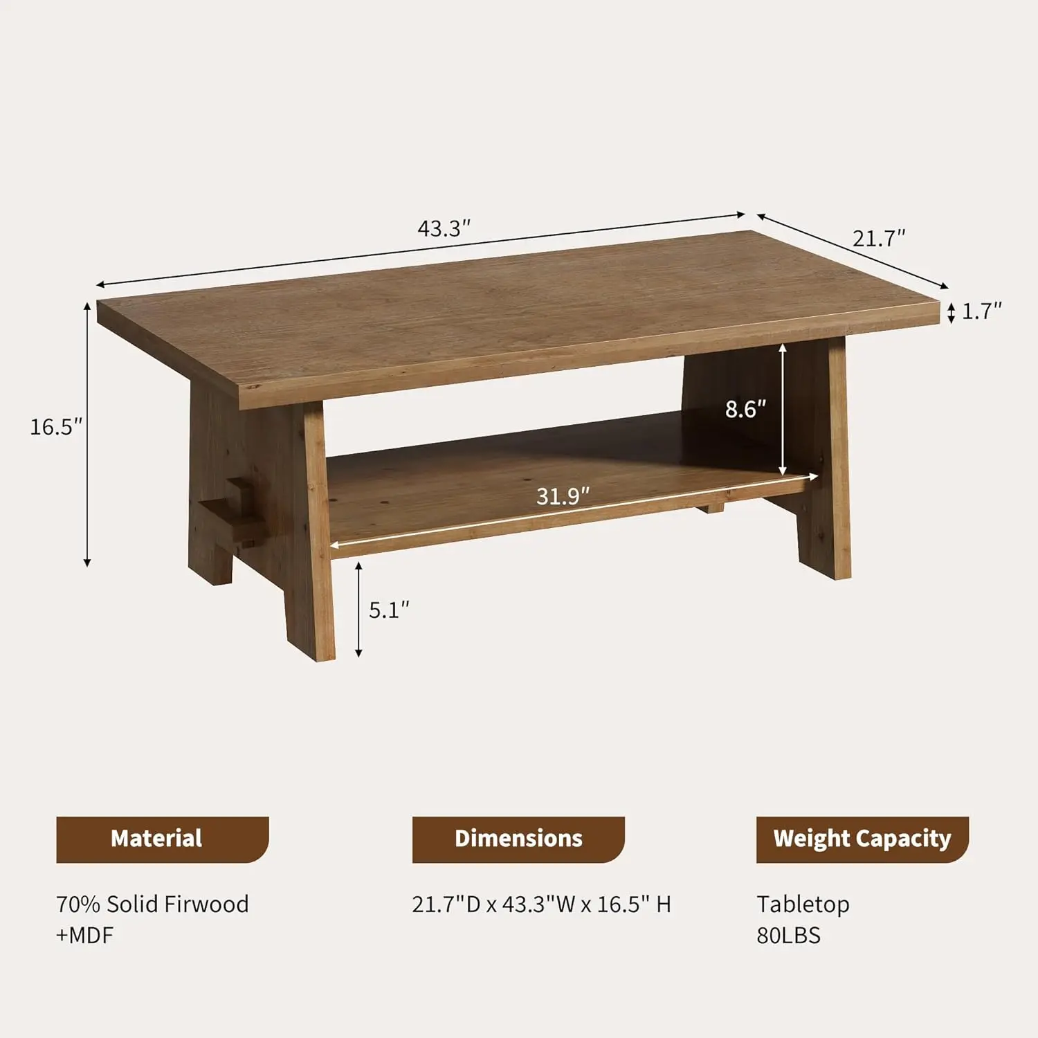 Farmhouse Wood Coffee Table - 43.4