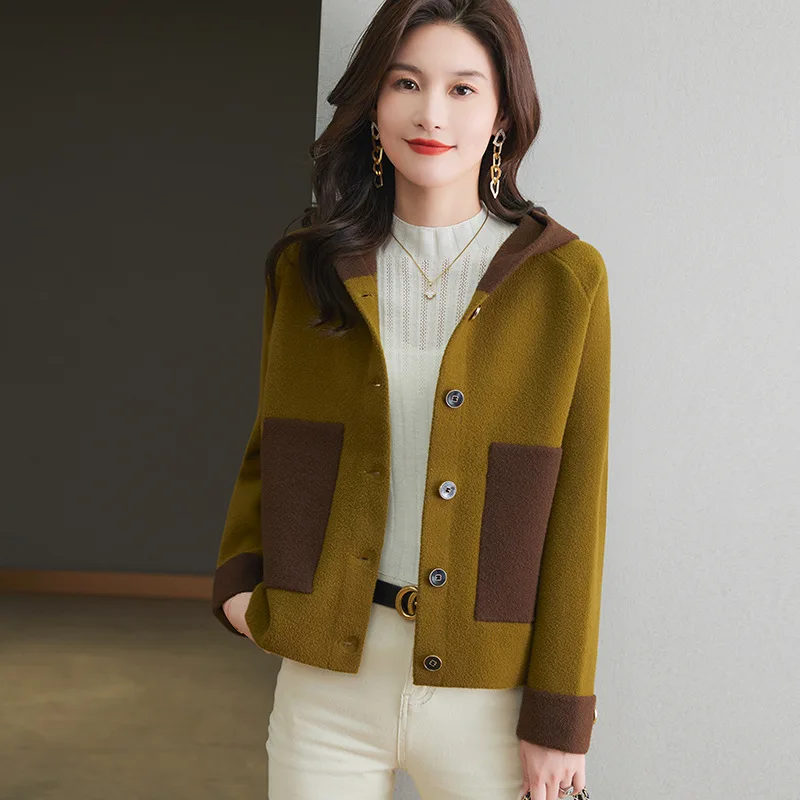 봄 가을 울 코트 여성용 2025 신상 숏 재킷 패션 후드 가디건 아우터 컬러 매칭 오버코트 여성 상의