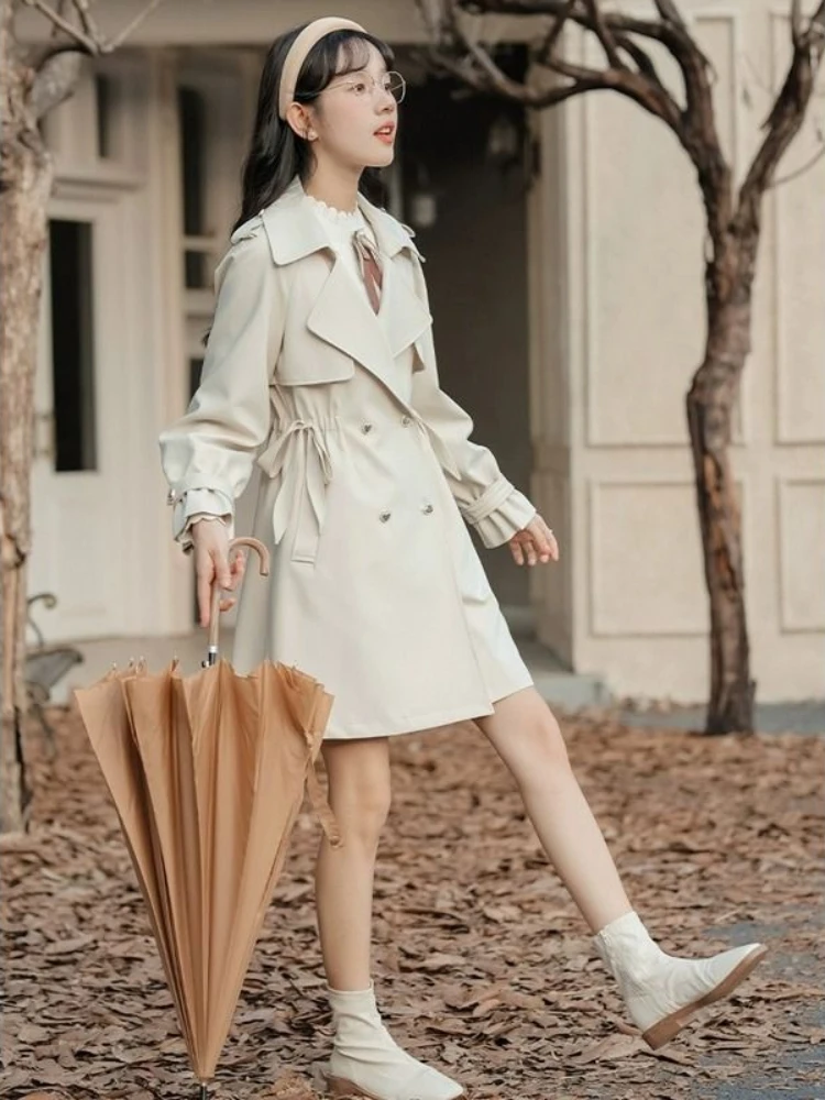 

​ Свободный плащ во французском стиле для миниатюрных женщин, осень 202, свободное пальто для поездок на работу в Великобритании ​