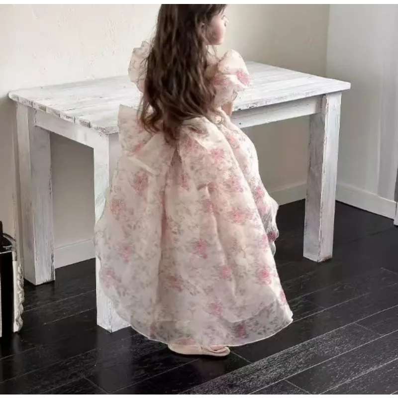 Girls Dress Summer New Childrens Vest Beautiful Little Girl Fashion Fragmented Flower Bow Princess Dress