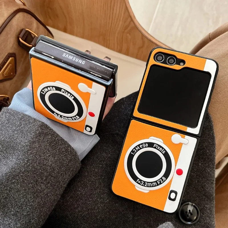 

For Samsung Galaxy Z Flip 5 6 4 3D Retro PU Leather Camera Phone Cases Protection Cover For Samsung Z Flod 5 6 4 Back Case Funda