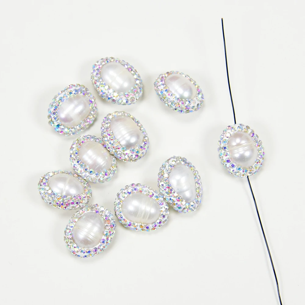 10 Pcs Natural Cultured White Egg Rice Pearl Trimmed With CZ Rhinestone Beads Spacer Jewelry Finding Accessories
