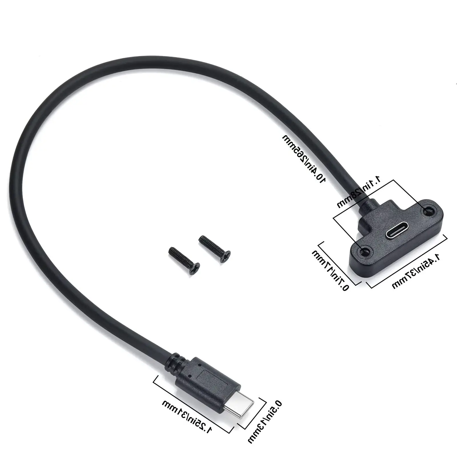 USB typu c 90 °   Kątowy przedłużacz męski na żeński do montażu panelowego Kabel do ładowania 1 stóp Czarny (typ c M/F) Z śrubami 0,3 m
