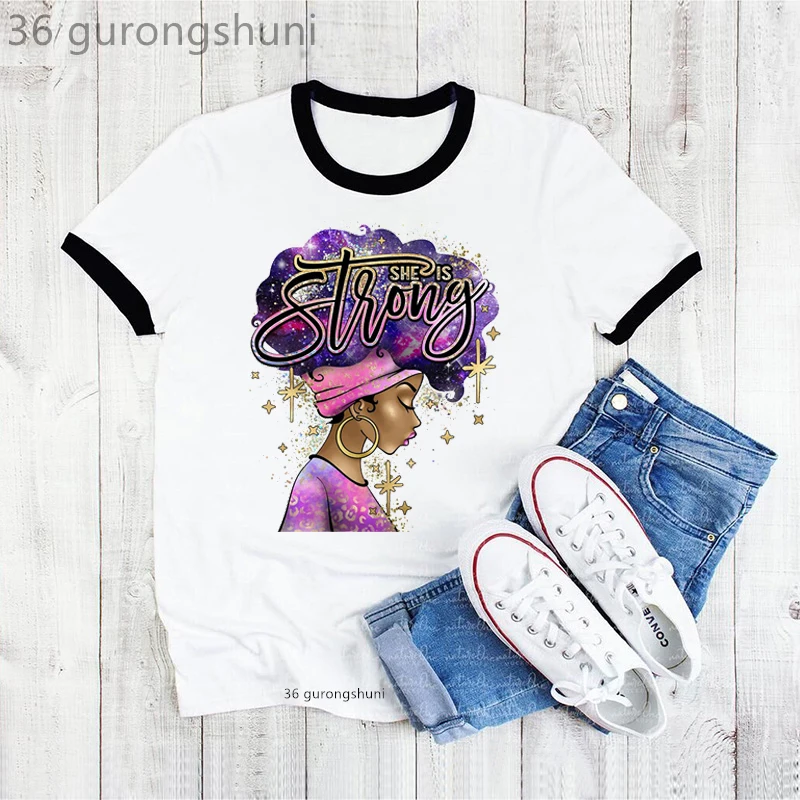 She Is Strong Black Women Tshirts Fashion Leopard Star Afro Queen Melanin T Shirt Femme Black Girl Magic T-Shirt Female Tops