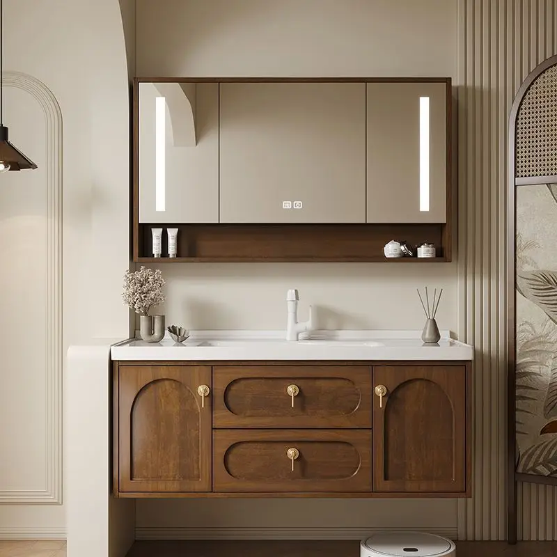 

New Chinese oak bathroom cabinet feng shui mirror combination bathroom ceramic integrated intelligent washbasin wash basin wash