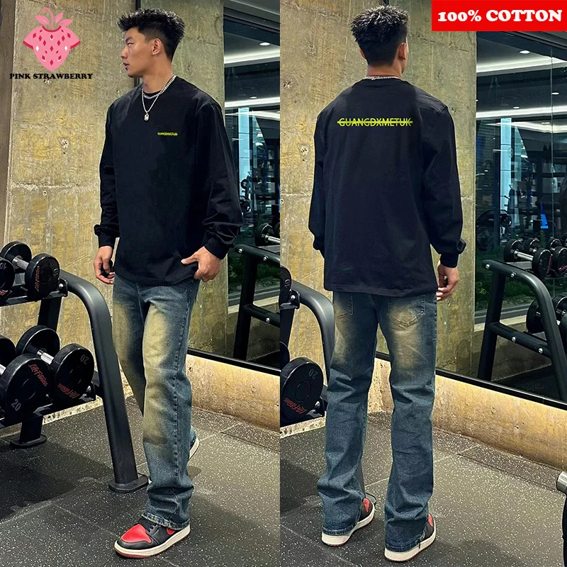 American street Long-sleeves T-shirt Men 2025 Autumn New 100% Cotton Sports Gym Black O-Neck T-shirt Loose Y2k Top Male clothing