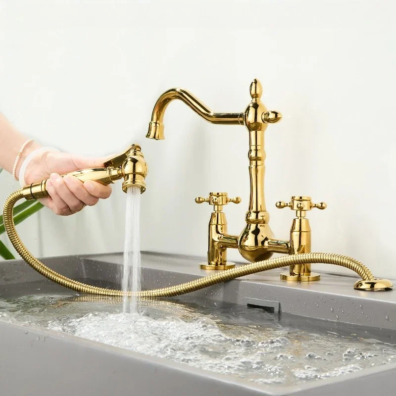 French Retro Brass-Finish Double Hole Tap and Spray Set for Home Kitchens – Hot and Cold Water Tap with Splash Guard