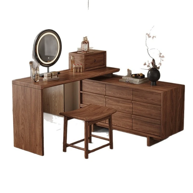 Black walnut solid wood dresser chest cabinet integrated bedroom light luxury storage cabinet with makeup mirror makeup table