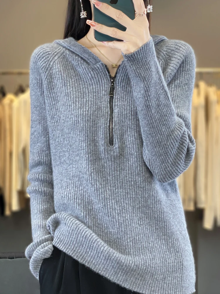 Autumn Winter Women Zipper Wool Hooded Pullover Thick Cashmere Sweater 100% Merino Wool Knitwear Soft  Popular New  Casual Tops