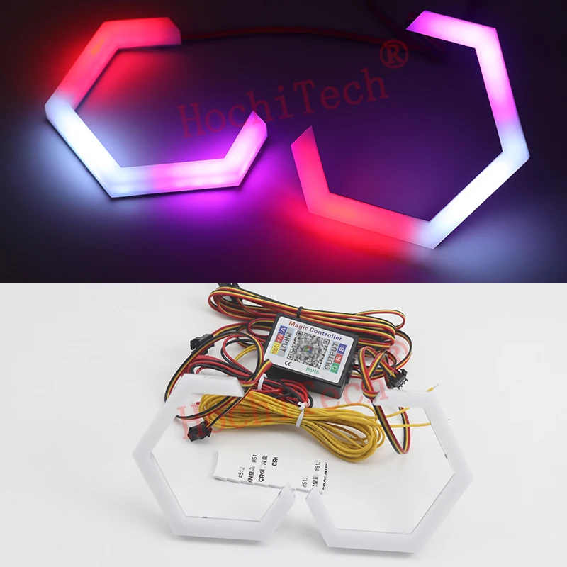 2X Hexagon RGBW Flowing Angel Eye Sequential Turn Signal Light Cotton Glow Hex Halo Ring Kit For Retrofit Headlamp 70 80 86 90mm