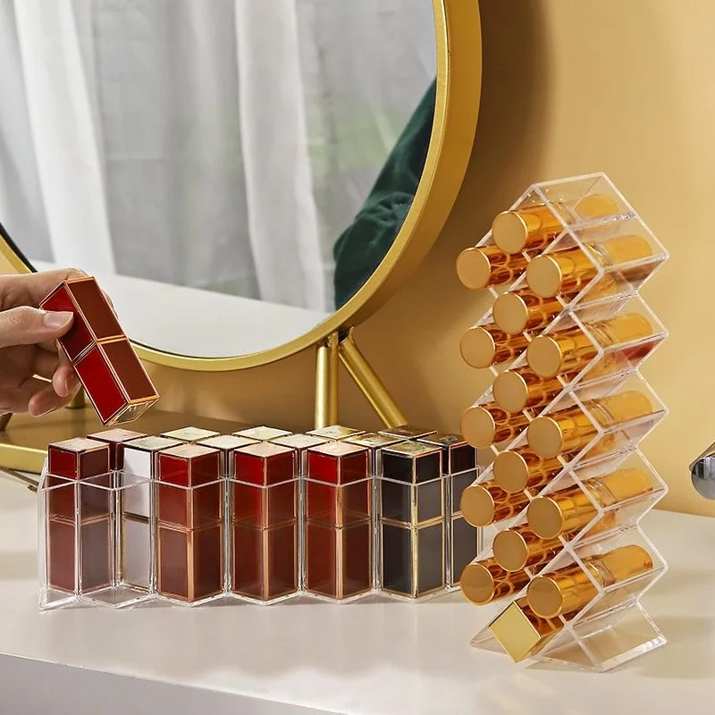 1 PC 16 Grids Diamond Shape Clear Lipstick Holder Stackable Lip Gloss Organizer for Vanity Makeup Bathroom Countertop