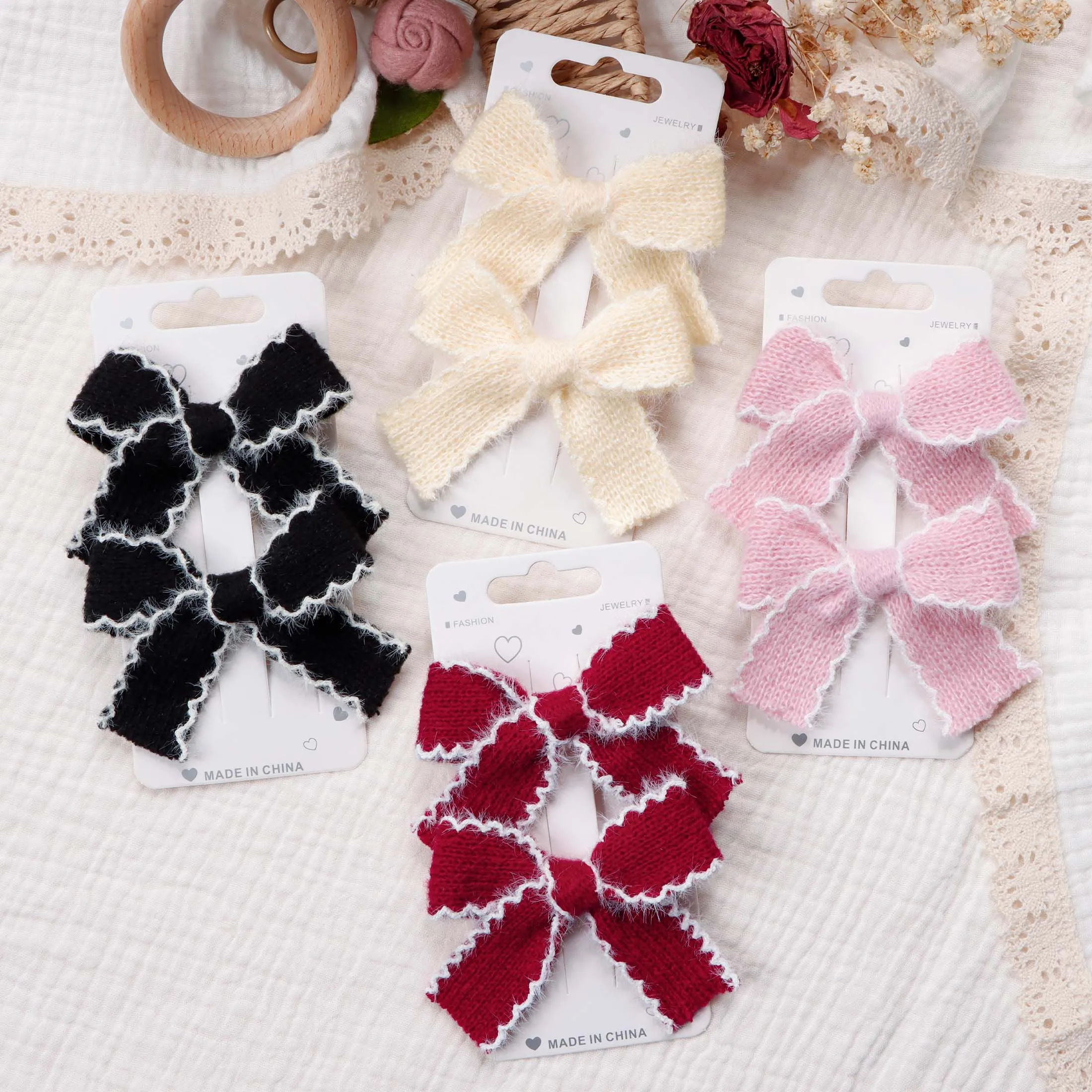 2pcs Knitting Wool Bow Barrettes Striped Lace Bow Hair Clip For Girl Baby Autumn Decor Hair Accessories Kid Party Wear Hairpin