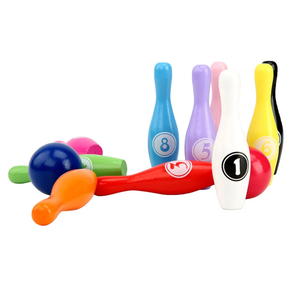 

Colorful Kids Bowling Set Wooden Indoor Outdoor Play Game Educational Interactive For Children Motor Skills Training Fun