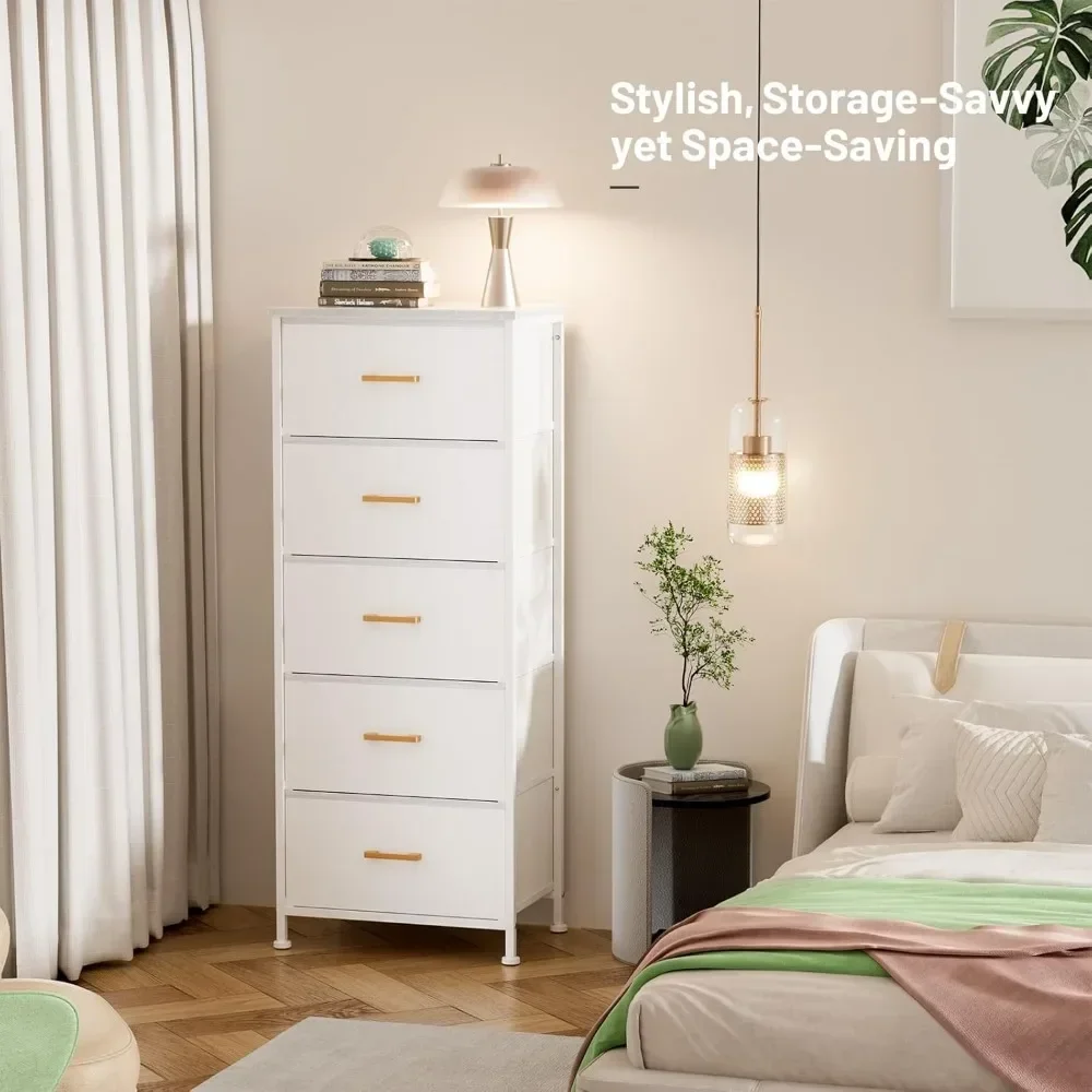 Tall Dresser with 5 Drawers, White Dresser for Bedroom, Tall Storage Tower for Closet, Nursery, Dorm, Dresser Organizer