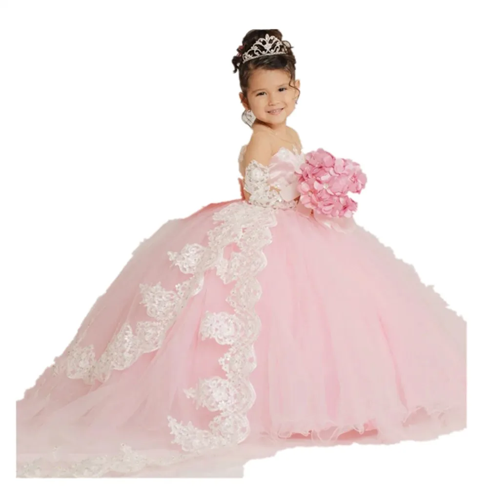 Robe de mariée à fleurs roses pour filles, manches longues, avec des Appliques en dentelle avec nœud, robe de fête d'anniversaire pour enfants, robe de bal, de Banquet, de Communion