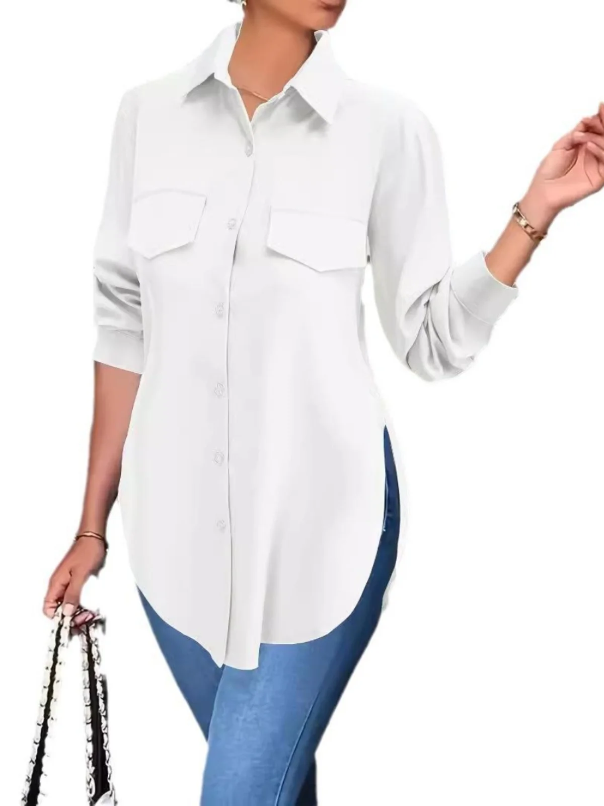 Women's Cleanfit Polyester Cardigan Collar irt Long Sve Sved irt Waist-Cinched Flared Legs  Color Non-Sink