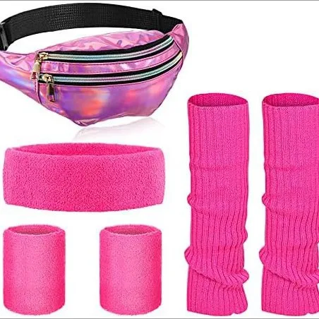 80s Women's Warm Legs Suit Holographic Wallets Knitting Warm Headband Wristband Suit Party Costumes Props