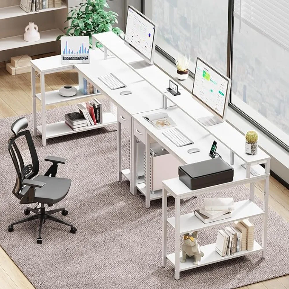 SUPERJARE 53 Inch L Shaped Desk with LED Lights & Power Outlets, Reversible Computer Desk with Shelves & Drawer