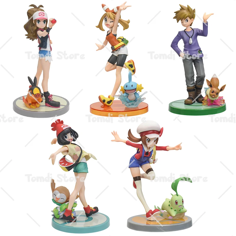 

Pokemon Figures Characters with Pokemon Parter Hilda Tepig May Mudkip Blue Oak Eevee Selene Rowlet Lyra Chikorita PVC Models