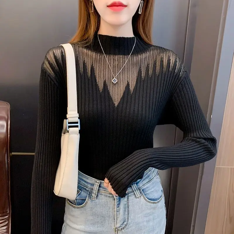 Autumn Winter New Sexy Diamonds Gauze Hollow Out Knitted Women\'s Half High Neck Long Sleeve Solid Color Sweater Slim Bottom Tops