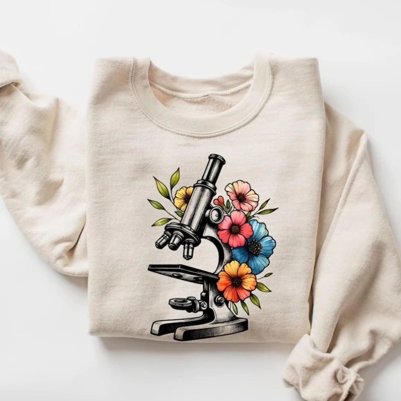 Floral Microscope Sweatshirt Biology Hoodie Science Teacher Gift  Lab Tech Autumn and Winter Hoody Microbiology Keep Warm Tops