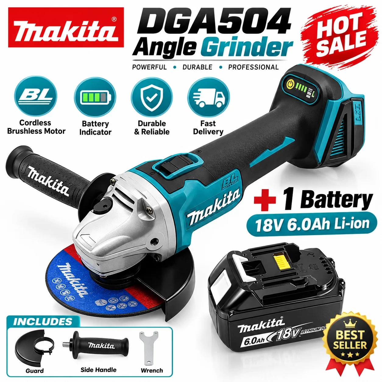 Makita DGA504 Akku-Winkelschleifer mit bürstenlosem Motor, 18V LXT, kompatibles Akku-Werkzeug – Original Makita DGA504 18V Akku-Winkelschleifer, leistungsstarke bürstenlose Schleifmaschine
