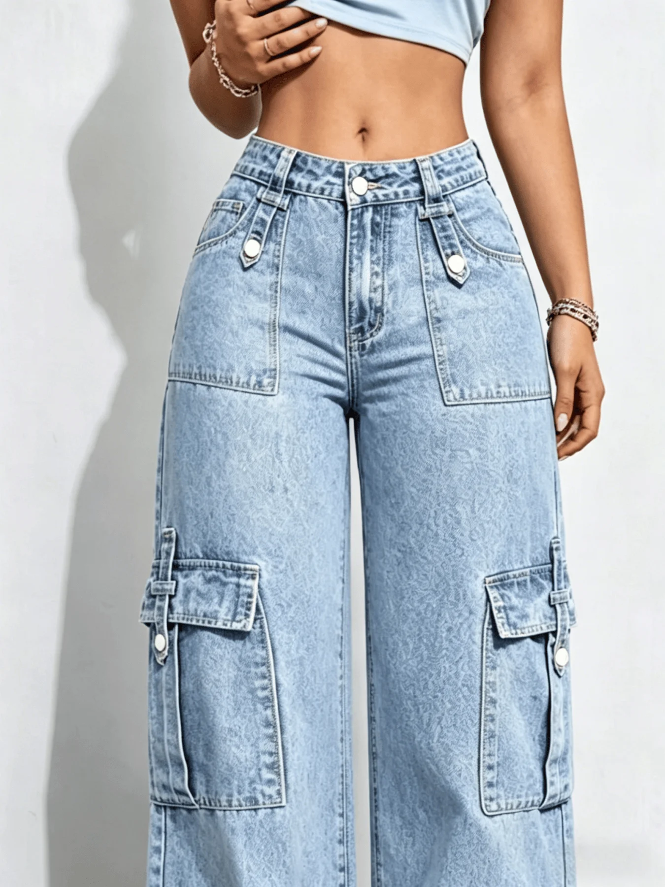 High Waist Light Blue Cargo Wide Leg Pants Multi Pocket Snow Washed Loose Drape Hip Cover Slim Street Trendy Daily Outfit Women