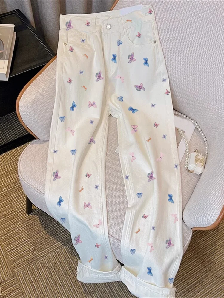 

Прямые джинсы с высокой талией и принтом пастельного цвета, женские летние свободные широкие джинсовые брюки Dopane