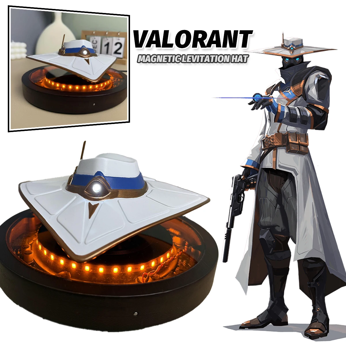 

Cypher Magnetic Levitation Hat Valorant Figure Luminous Table Ornament Game Action Figure Boys Gifts Computer Desktop Decoration