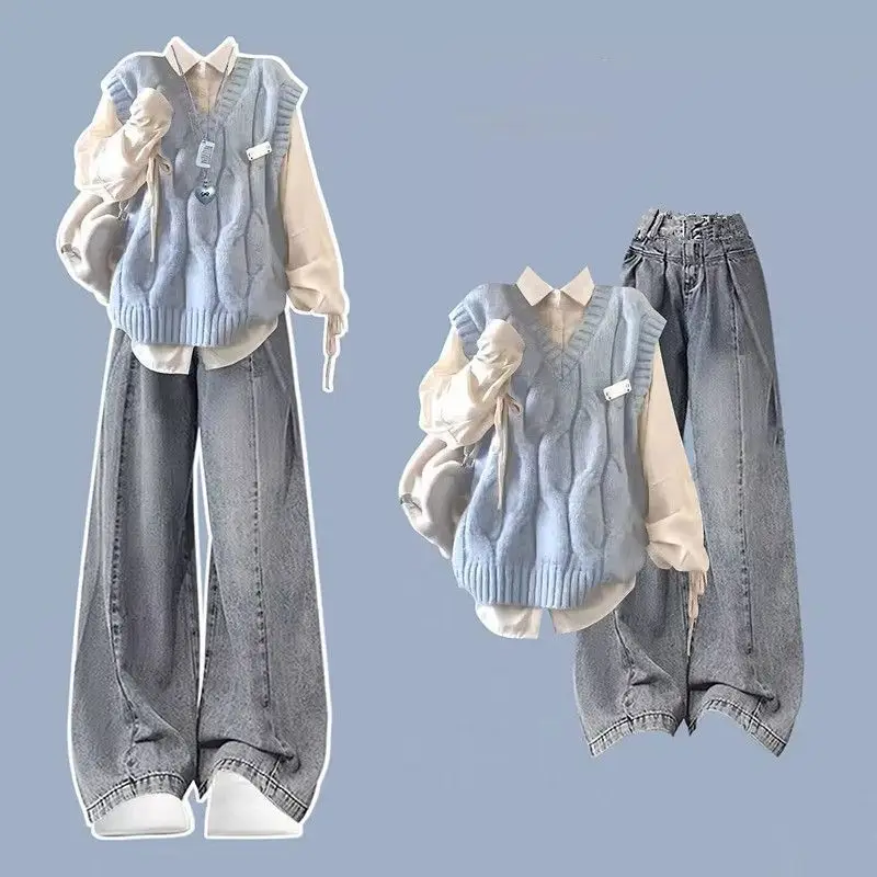 

Женский весенне-осенний синий вязаный жилет в консервативном стиле, бандажные рубашки, джинсовые брюки, комплект из трех предметов, корейские женские топы, джинсовая одежда 2025