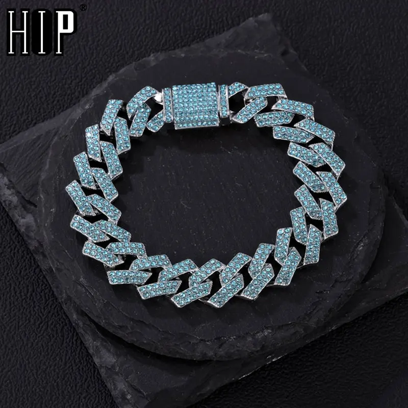 15MM Rhombus Prong Cuban Link Bracelet Iced Out Blue Rhinestones Bling Rapper Bracelets For Men Women Choker Jewelry