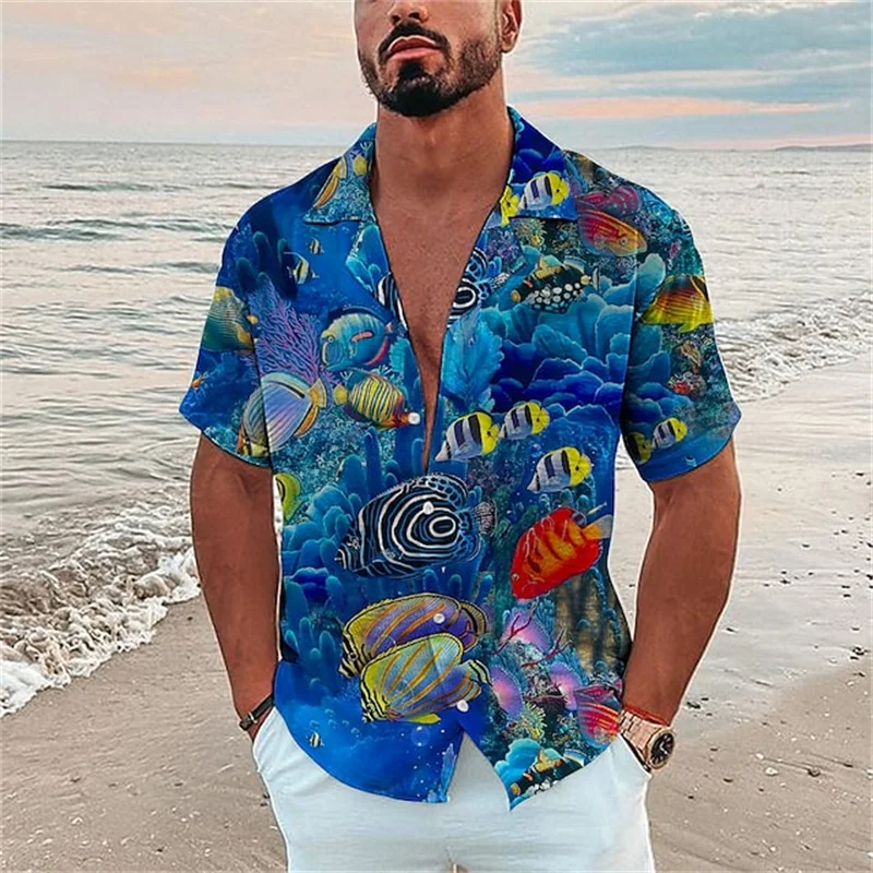 Men\'s Ocean Elements Breathable Shirts Men\'s Hawaiian Fish Print Shirts Beach Casual Shirt Fashion Men\'s Short Sleeve Shirts