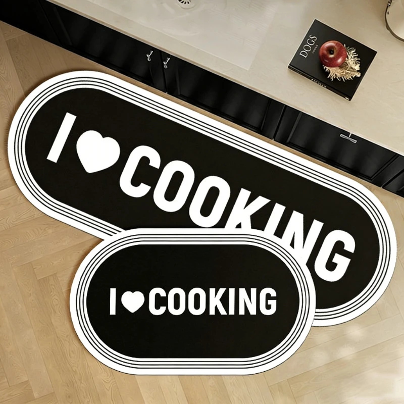Kitchen Floor Mat PVC Leather Waterproof Oil-proof Non-slip Long Carpet Black Retro American Letter Style Rug Home Decor Rugs