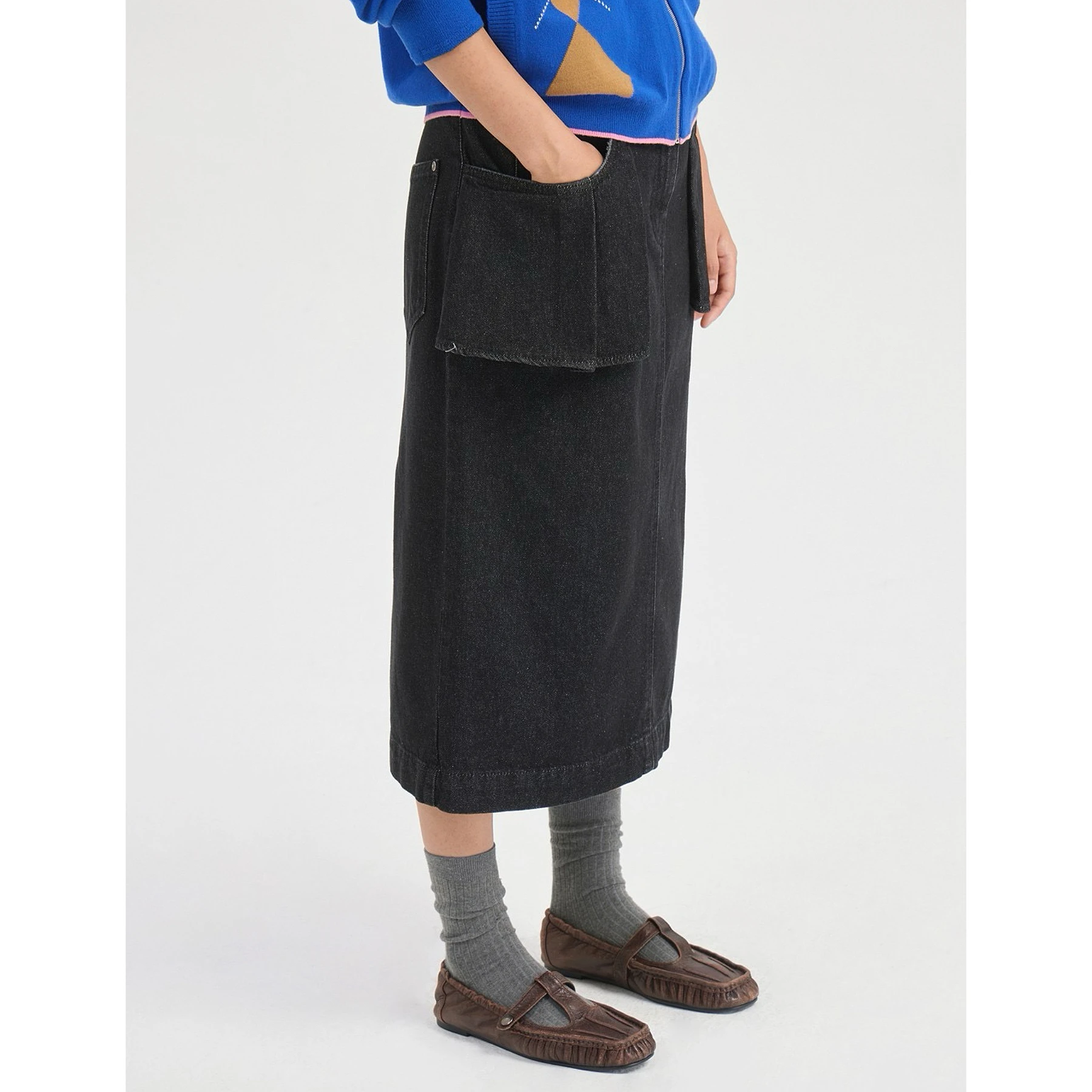 Leather Cheese LUC26 Autumn Casual Versatile 3D Pocket Straight Leg Slimming Denim Half Skirt Pure Cotton High Waist Design