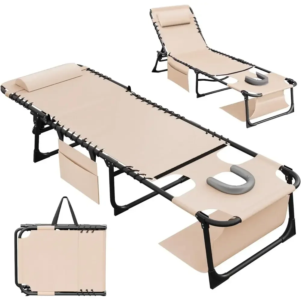 Portable Heavy-Duty Outdoor Chaise Lounge with Hole for Sunbathing, Suitable for Beach, Pool, Camping, and Patio, Beige