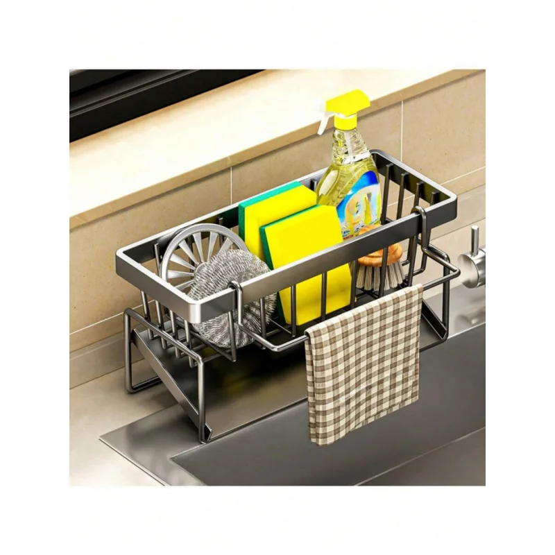 

Durable Kitchen Storage Rack With Drain Basket, Cloth Towel Rack, And Organizer Tools- Space-Saving Multi-Compartment Organizer