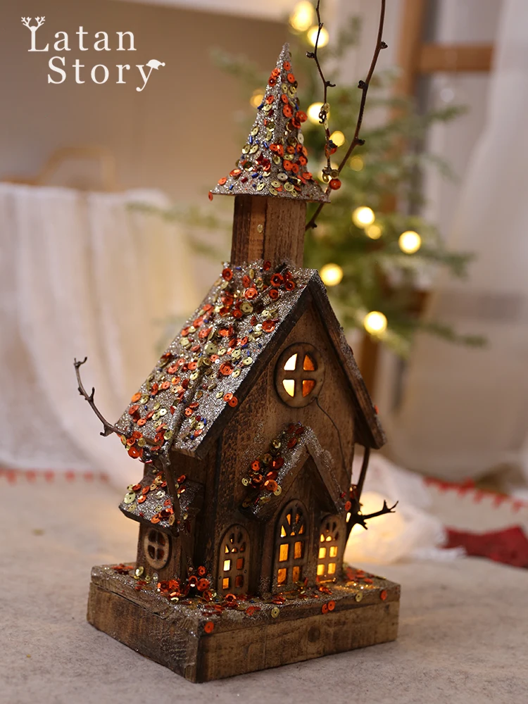 

Christmas Decoration Glowing Wooden Cabin Desktop Window Display Piece; Miniature Wooden Castle With Spires; Snow House