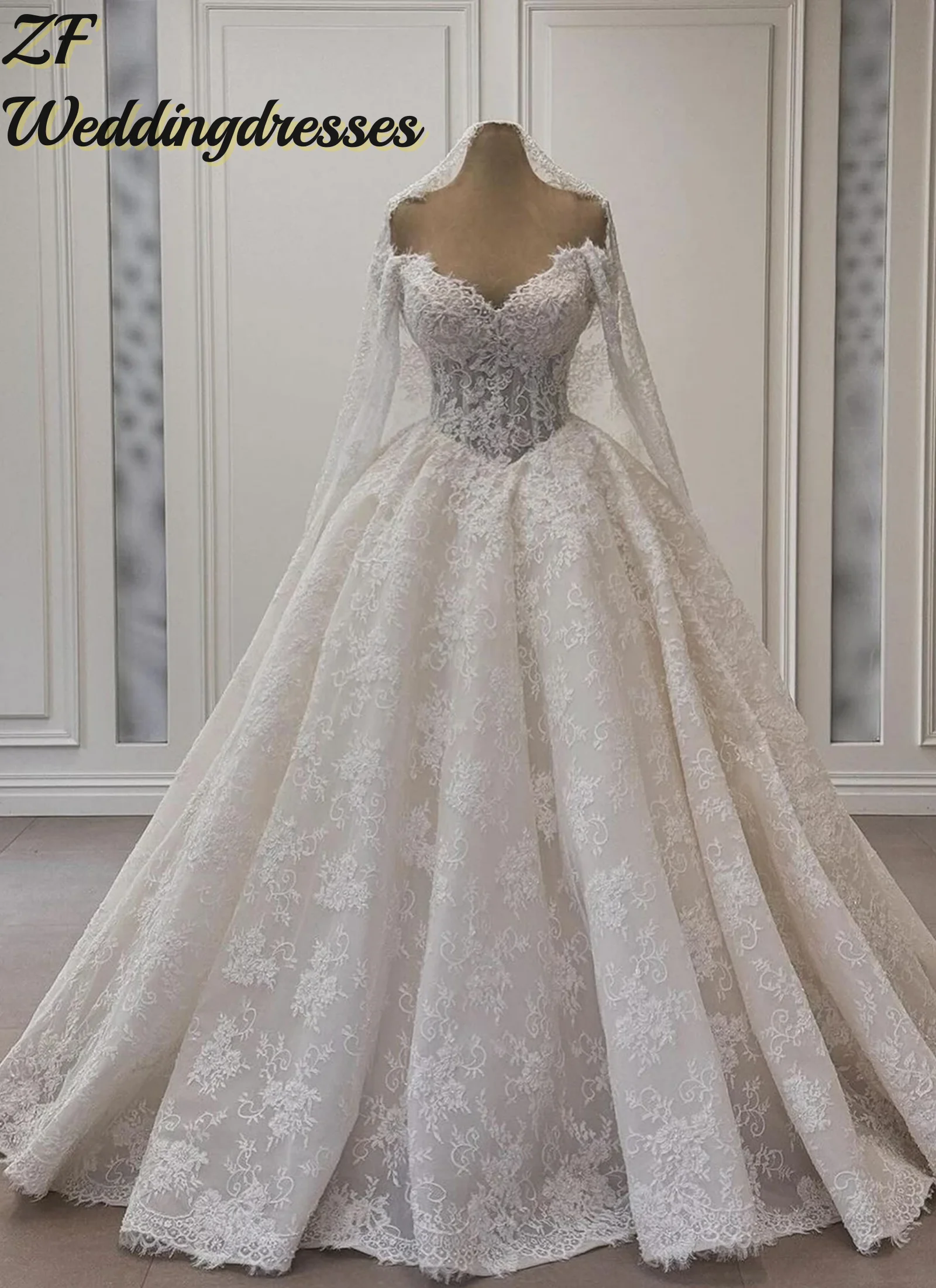 Customzied Ball Gown Lace Wedding Dresses for Woman Bride Long Sleeves V Neck Pearls Corset Bridal Gown Vestidos De Novia