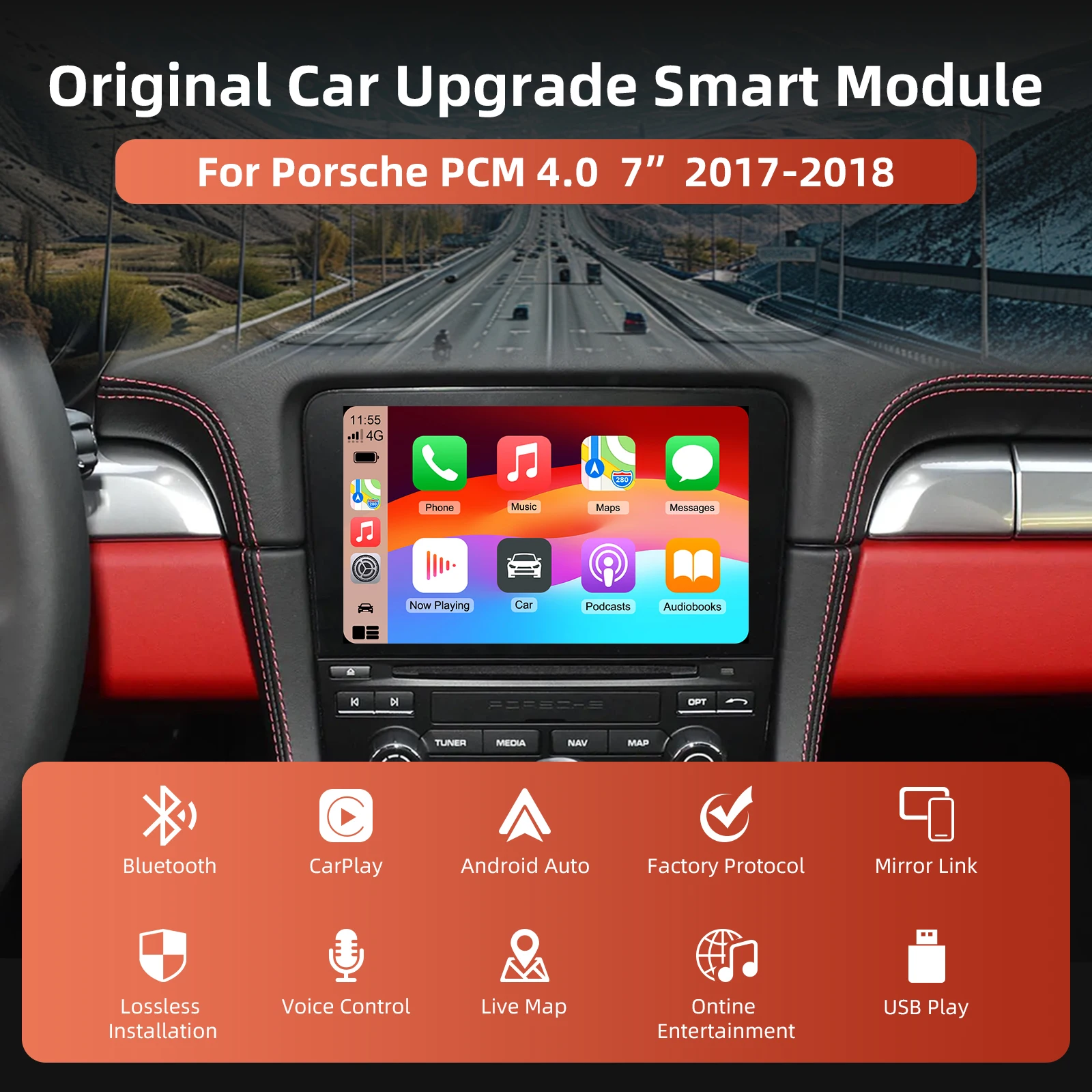 Wireless CarPlay Android Auto Retrofit Kit Decoder Box CarPlay Interface for Porsche PCM 4.0 Head Unit with 7” Screen Support Mirror Link GPS