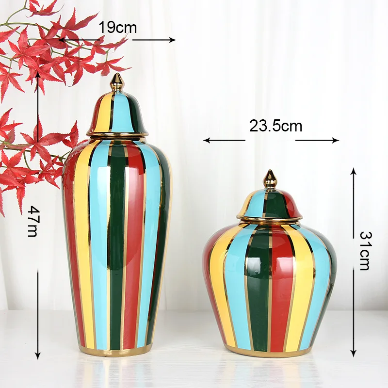 Ceramic Checkmate Jar Colorful Striped Ginger Jar Flower Vase Storage Tank Porcelain Handicrafts Ornaments Home Decoration