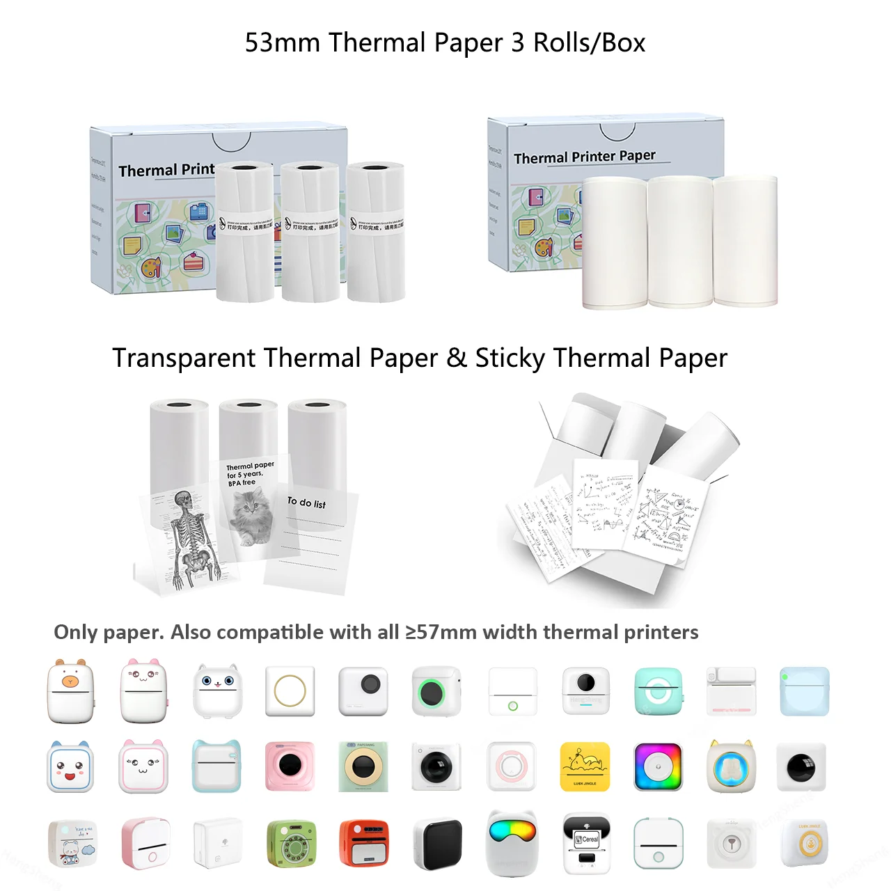 Paper For Mini Printer White And Transparent Sticky For Phomemo/Memoking M02/T02 Mini Printer 50mmx3.7m for Journal Photo